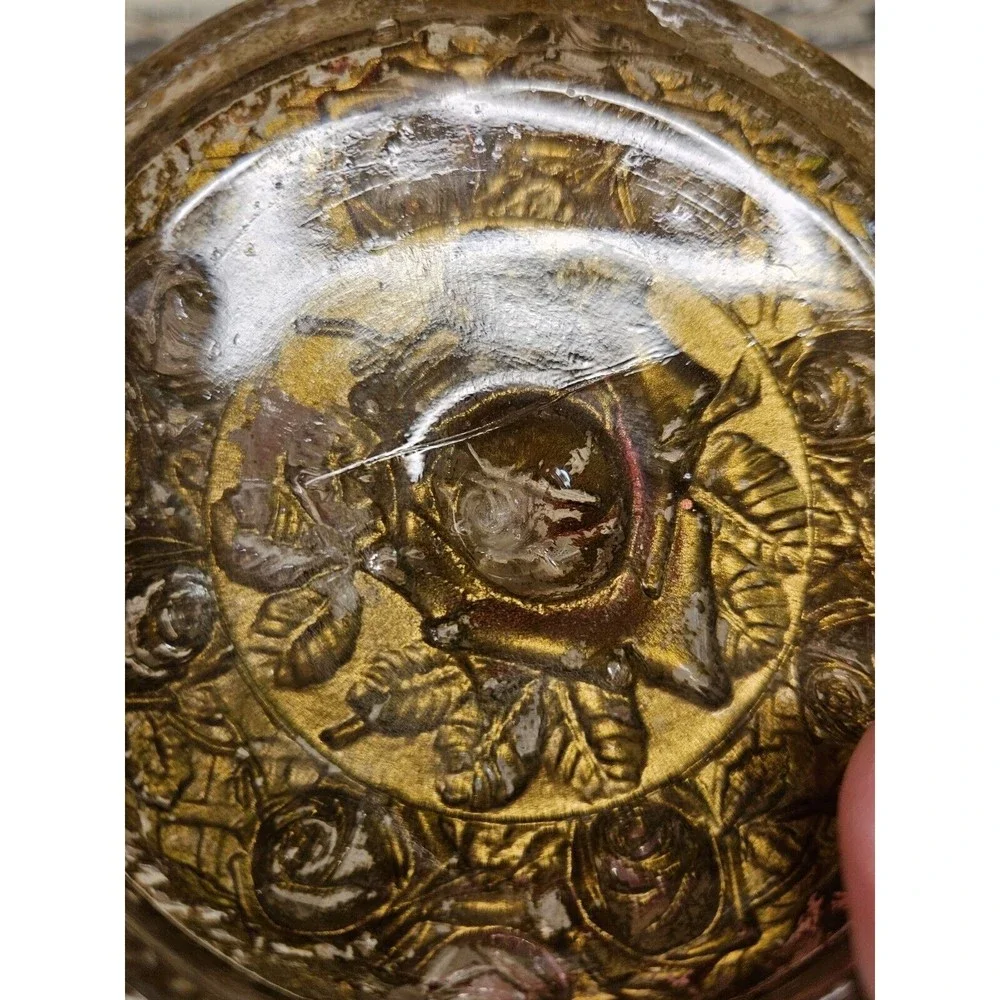 Antique Goofus Glass Victorian Rose Red Gold Vanity Decor Powder Jar Box